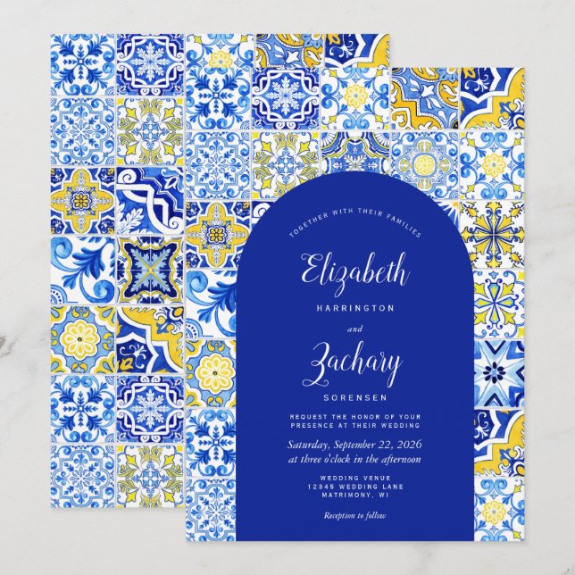 Invitación Boda de mosaico portugués amarillo del arco azul r (Anverso / Reverso)