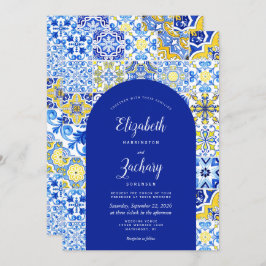 Invitación Boda de mosaico portugués amarillo del arco azul r