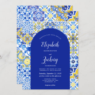 Invitación Boda de mosaico portugués amarillo del arco azul r