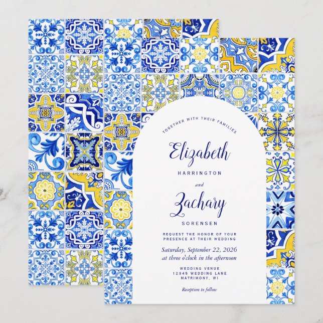 Invitación Boda de mosaico portugués de arco amarillo azul ru (Anverso / Reverso)