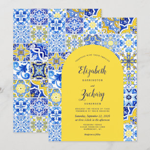 Invitación Boda de mosaico portugués de arco amarillo azul ru