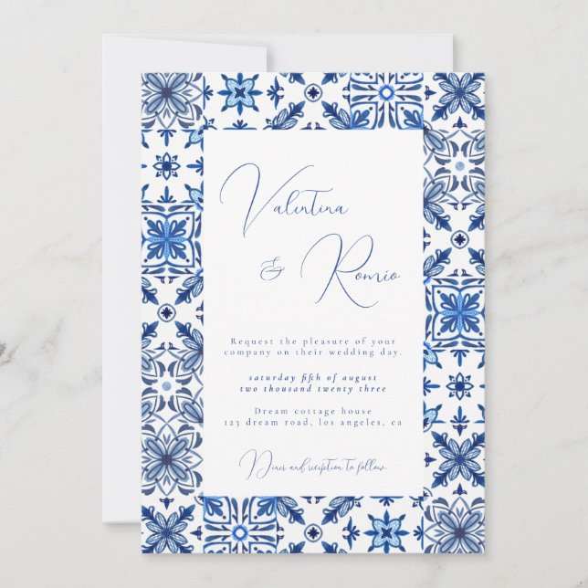 Invitación Boda de mosaico y cítricos del Mediterráneo azul (Anverso)