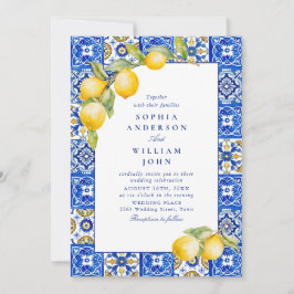Invitación Boda de mosaicos azules de lemones mediterráneos