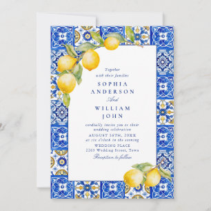 Invitación Boda de mosaicos azules de lemones mediterráneos
