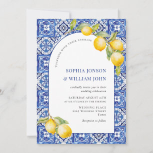 Invitación Boda de mosaicos azules de lemones mediterráneos