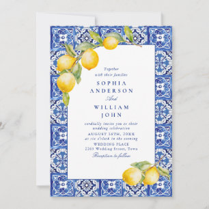 Invitación Boda de mosaicos azules de lemones mediterráneos