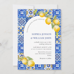 Invitación Boda de mosaicos azules de lemones mediterráneos