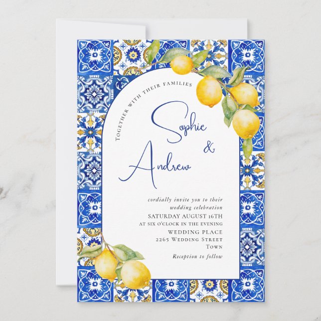Invitación Boda de mosaicos azules de lemones mediterráneos (Anverso)