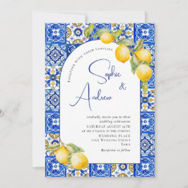 Invitación Boda de mosaicos azules de lemones mediterráneos
