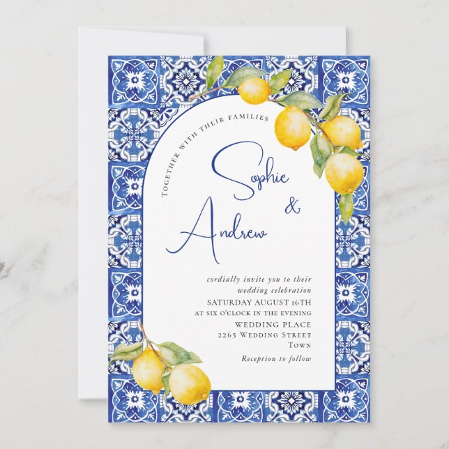 Invitación Boda de mosaicos azules de lemones mediterráneos (Anverso)