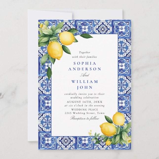 Invitación Boda de mosaicos azules de Lemons en el Mediterrán (Anverso)