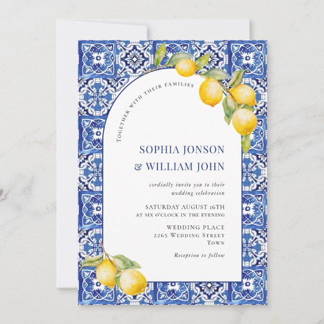 Invitación Boda de mosaicos azules de Lemons en el Mediterrán (Anverso)