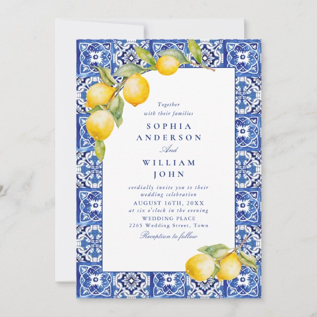 Invitación Boda de mosaicos azules de Lemons en el Mediterrán (Anverso)