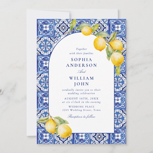 Invitación Boda de mosaicos azules de Lemons en el Mediterrán (Anverso)