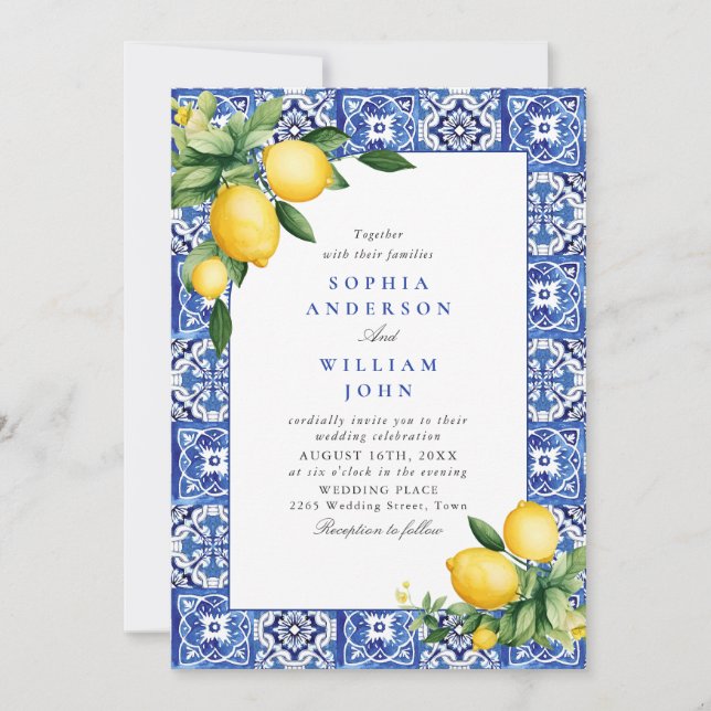 Invitación Boda de mosaicos azules de Lemons en el Mediterrán (Anverso)