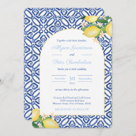 Invitación Boda de mosaicos blancos azules en forma de arco d