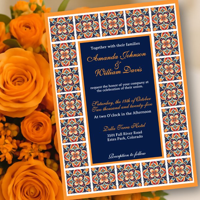 Invitación Boda de mosaicos florales de arte folclórico mexic (Subido por el creador)