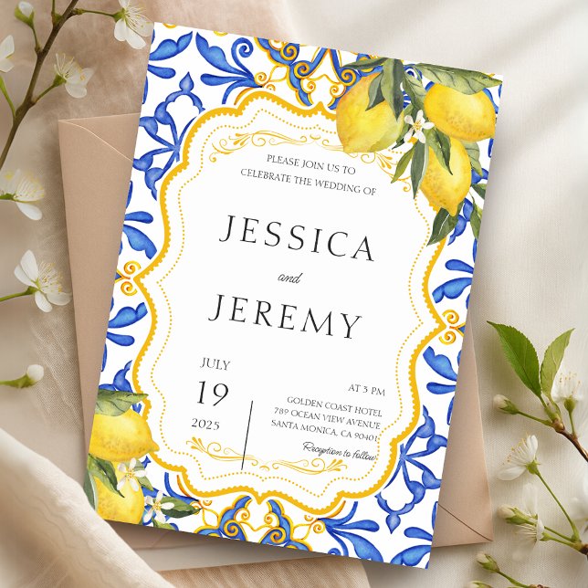 Invitación Boda de mosaicos mallorquines de verano mediterrán (Lemon Mediterranean Summer Majolica Tiles Wedding Invitation)