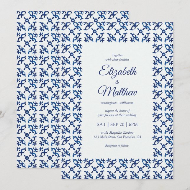 Invitación Boda de mosaicos mediterráneos azules (Anverso / Reverso)