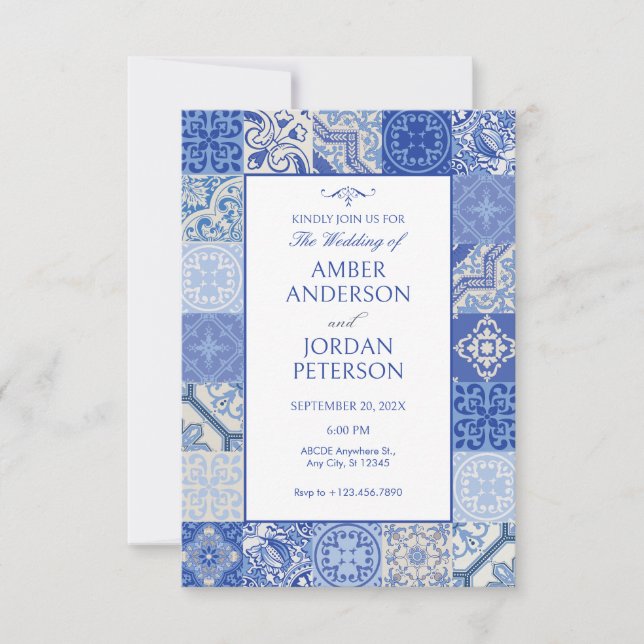 Invitación Boda de mosaicos mediterráneos de la etnia azul Bo (Anverso)