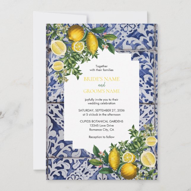 Invitación Boda de mosaicos portugueses de lemones mediterrán (Anverso)
