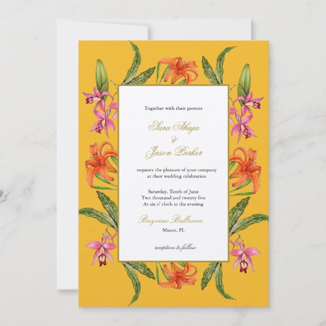 Invitación Boda de mostaza floral de acuarela tropical (Anverso)