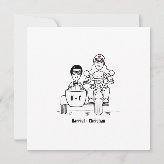 Invitación Boda de moto customizada y sidecar (Anverso)