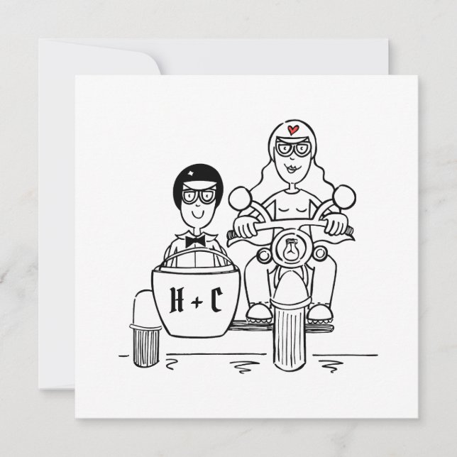 Invitación Boda de moto customizada y sidecar (Anverso)