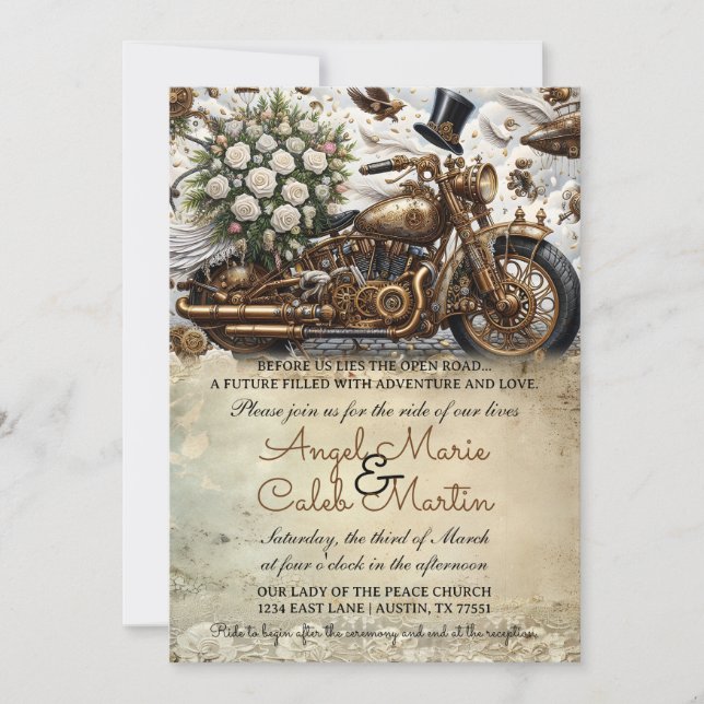 Invitación Boda de Motocicleta Biker Oro Blanco (Anverso)