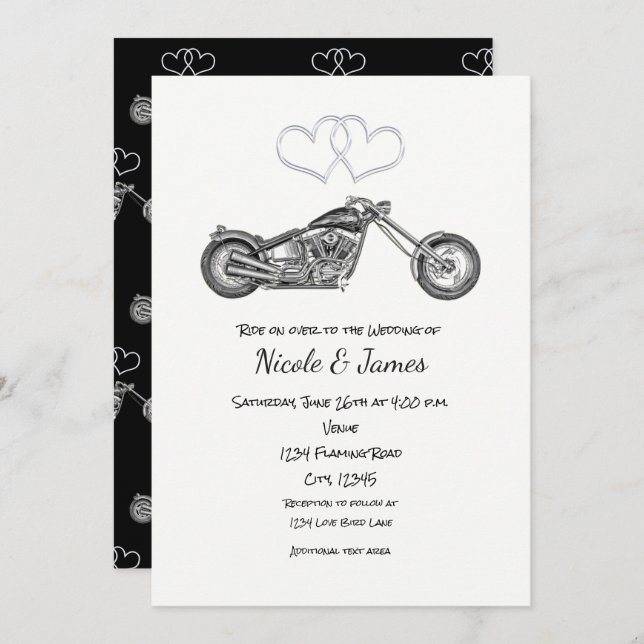 Invitación Boda de Motocicleta Corazones Negros y Plateados (Anverso / Reverso)