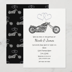 Invitación Boda de Motocicleta Corazones Negros y Plateados d