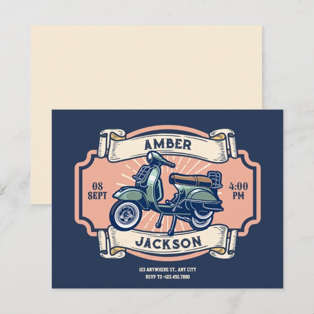 Invitación Boda de motocicleta retro clásico (Anverso / Reverso)