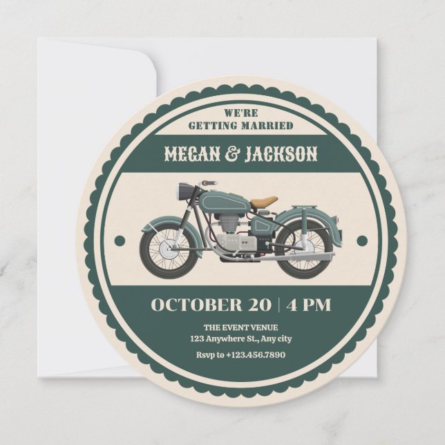 Invitación Boda de motocicleta retro-verde clásico (Anverso)