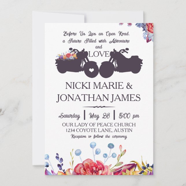 Invitación Boda de motociclismo Floral Flores Silvestres Sucu (Anverso)