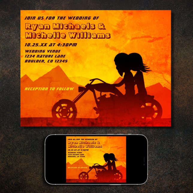 Invitación Boda de Motorcycle Couple Mountain Sunset (Printed and Digital Motorcycle Couple Mountain Sunset Wedding Invitation)