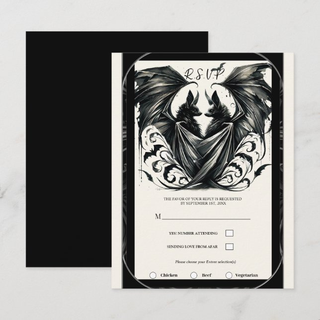 Invitación Boda de Murciélagos de Amor Gótico de Plata Crema  (Anverso / Reverso)