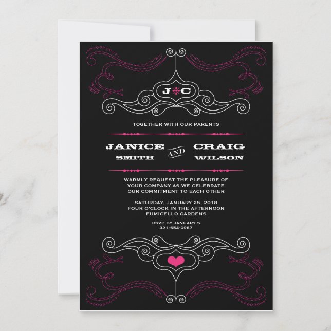 Invitación Boda de música Roll 'n' rock rosado y negro (Anverso)