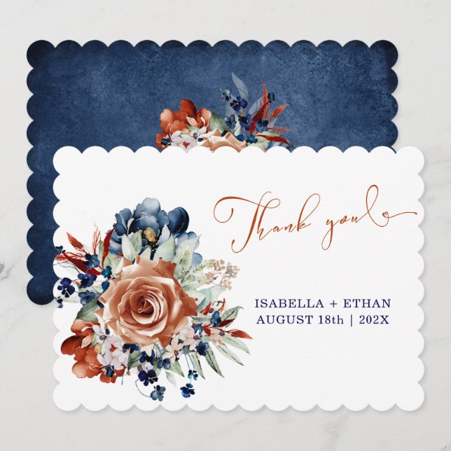 Invitación Boda de Naranja azul marino y quemado Gracias tarj (Anverso / Reverso)