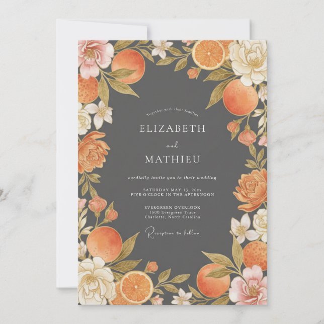Invitación Boda de Naranja Cítrica Eucalipto Carbón (Anverso)