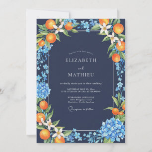 Invitación Boda de naranja cítrica y eucalipto azul marino