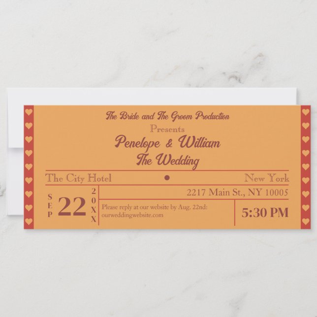Invitación Boda de Naranja con estilo retro simple para bolet (Anverso)