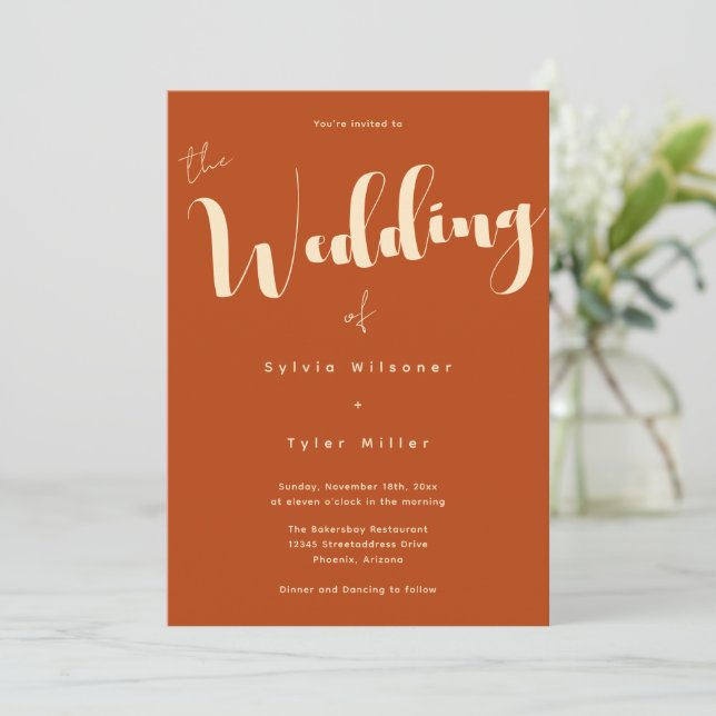 Invitación Boda de Naranja con tipografía estilizada quemada (Anverso de pie)