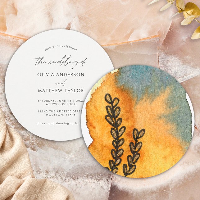 Invitación Boda de Naranja de acuarela artística floral única (Front/Back)