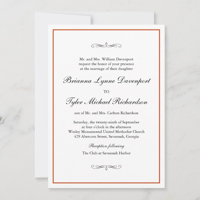 Invitación Boda de Naranja de elegancia simple clásica quemad (Anverso)
