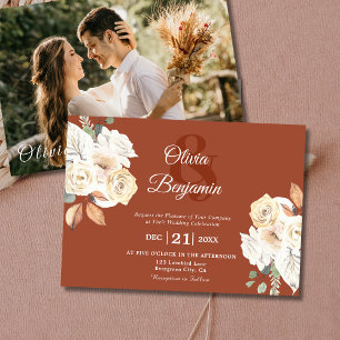 Invitación Boda de Naranja de foto floral rusa quemada