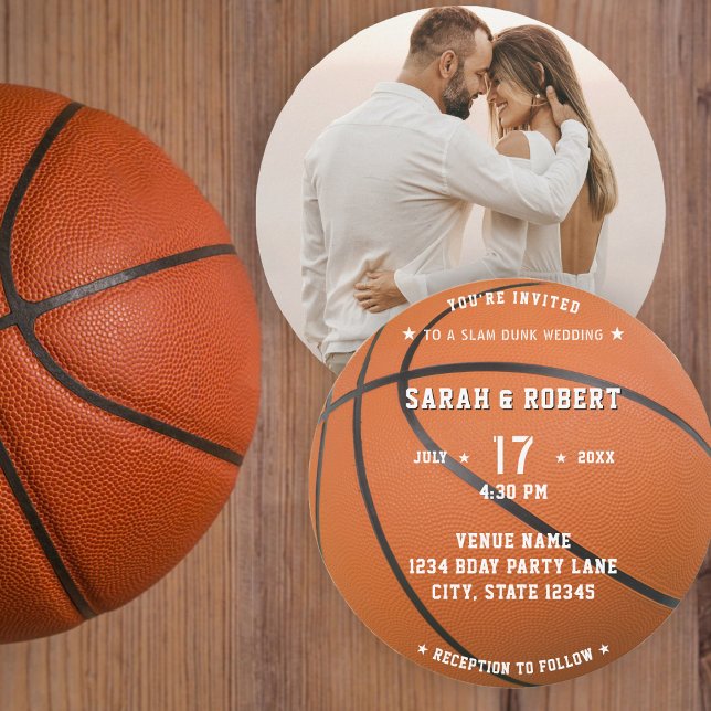 Invitación Boda de Naranja de fotografía deportiva de balonce (Basketball Sport Photo Orange Wedding Invitation)