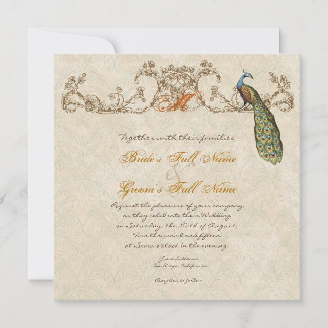 Invitación Boda de Naranja de pavo real y embutidos (Anverso)