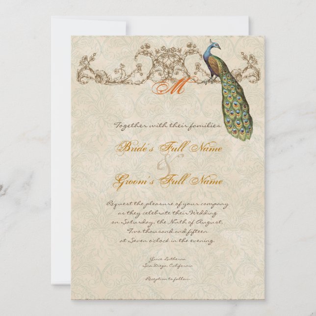 Invitación Boda de Naranja de pavo real y embutidos (Anverso)