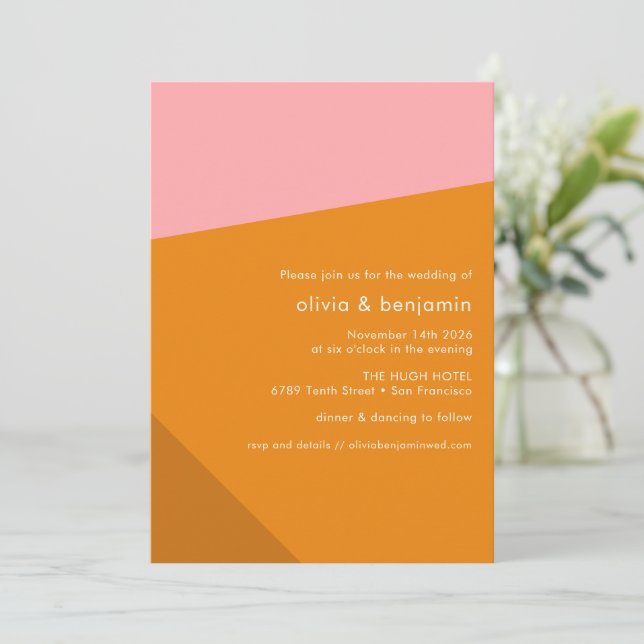 Invitación Boda de Naranja de quemado rosa geométrico negrita (Anverso de pie)