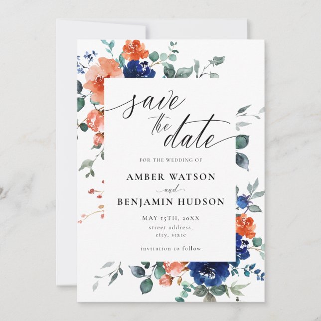 Invitación Boda de Naranja quemada azul de la Marina salva la (Anverso)